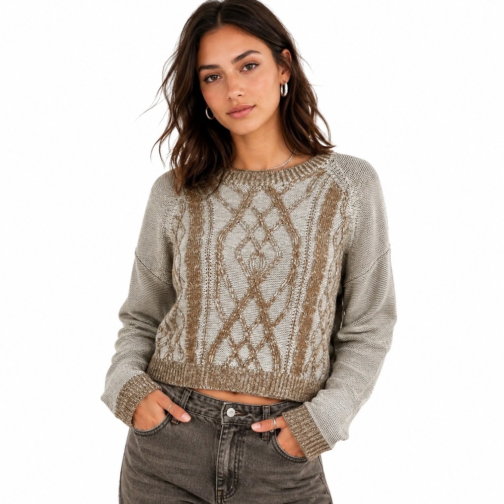 BDG Cable Knit Diamond Pattern Cropped Sweater Tan Cream Boho Cozy Size S